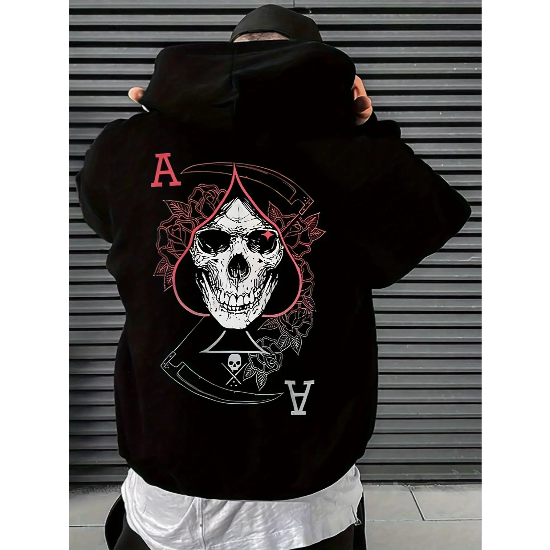 Men's Skull & Reaper Rose Graphic Hoodie - Longsleeves Cotton Blend Fabric Tops, Round Neck Casual Breathable Halloween Menswear Pullover Apparel