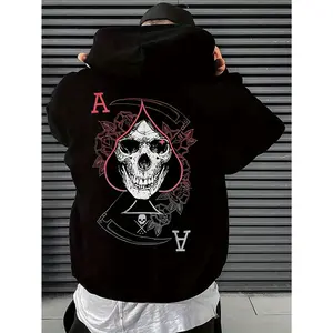 Viral Skull & Ace of Spades Hoodie |       Men's Dark Street Style Pullover, Reaper Rose Graphic, Loose Fit Drawstring Hoodie