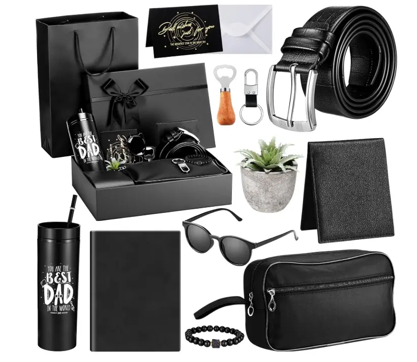 12 Pcs Father Gift Basket for Men Birthday Gift Set 16 oz Tumbler Wallet Toiletry Bag Notebook Belt Thank You Present for Him Dad Husband Brother(Dad My Favorite)