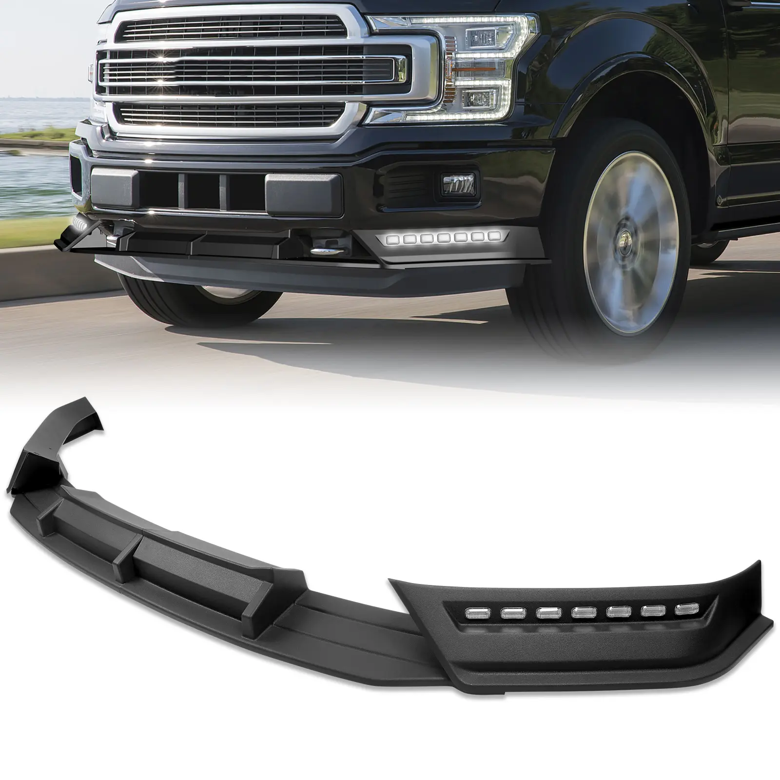 Front Bumper Lip for Ford F-150 2018-2020, Factory Grade ABS Plastic Spoiler Body Kit, LED Sequential Running Lights Air Chin Splitter, Matt Black OEM Look