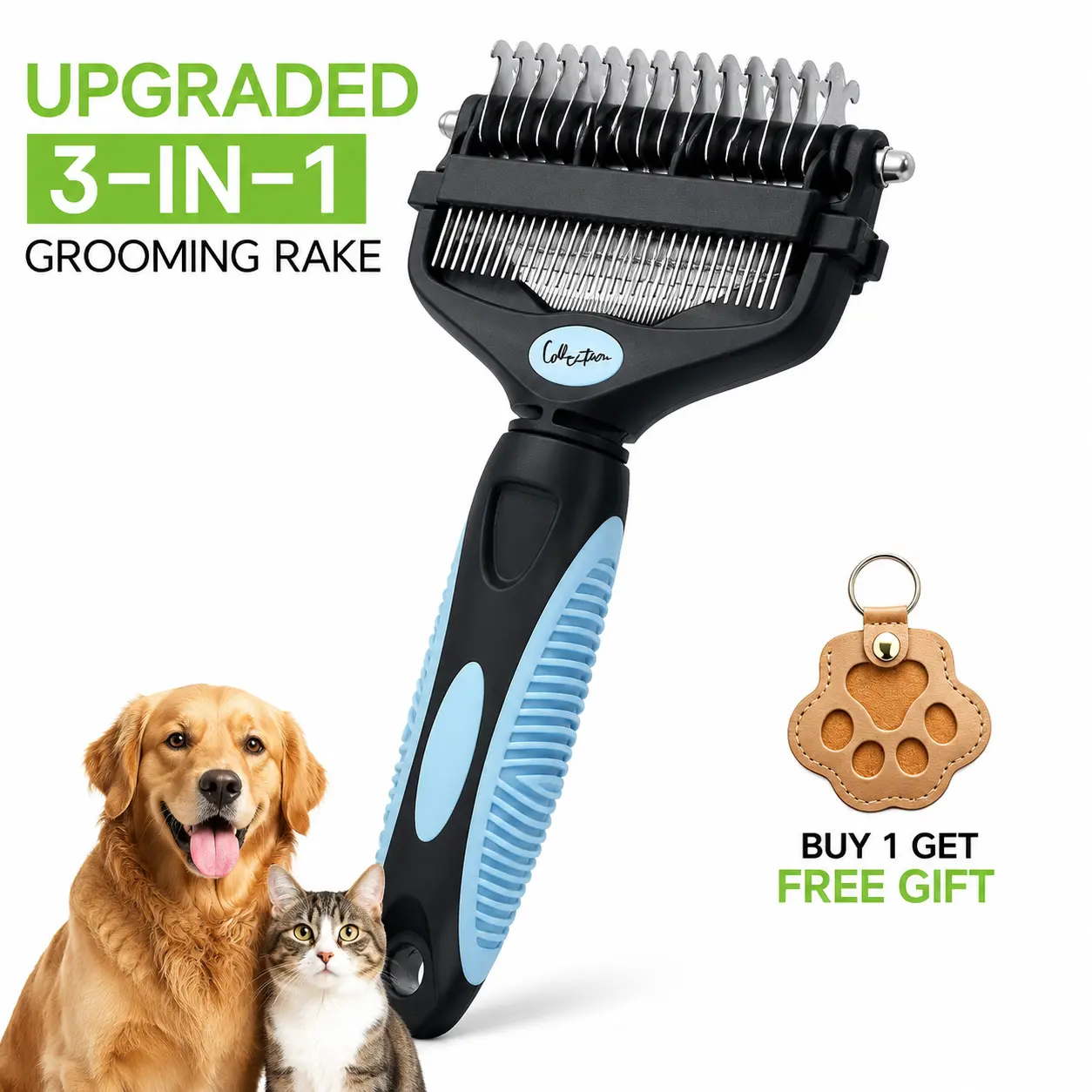 3-in-1 Stainless Steel Metal Deshedding Brush for Dogs & Cats - Painless Dematting Tool, Detangler, Hair Control, Beauty Hair Care to Reduce Living Space Mess