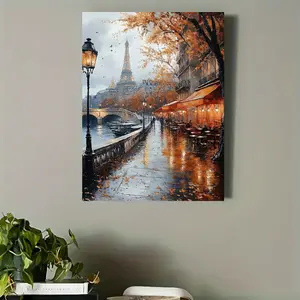1 Piece Vintage Paris Street Scene Canvas - "Romantic Paris Streets: Autumn Stroll" - Eiffel Tower and Autumn Atmosphere, Already Decorated, Suitable for Living Room or Bedroom Decoration, Warm Soft Tones, Pine Wood Frame, Canvas