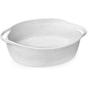 White Small Woven Basket, 13" x 9" x 5" Baskets for Gifts Empty Cotton Rope, Cute   Storage Organizer, Wicker   Bin Box with Handles, Empty  Boo Basket