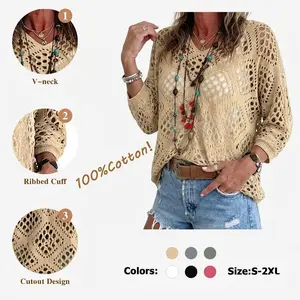 100%Cotton Women's Boho V-Neck Crochet Knit Top - Casual Chic, Hollow Out, Batwing Sleeves Pullover, Lightweight Breathable Summer Sweater, Beach Cover Up Blouse, Boho Outfits Women's Tops