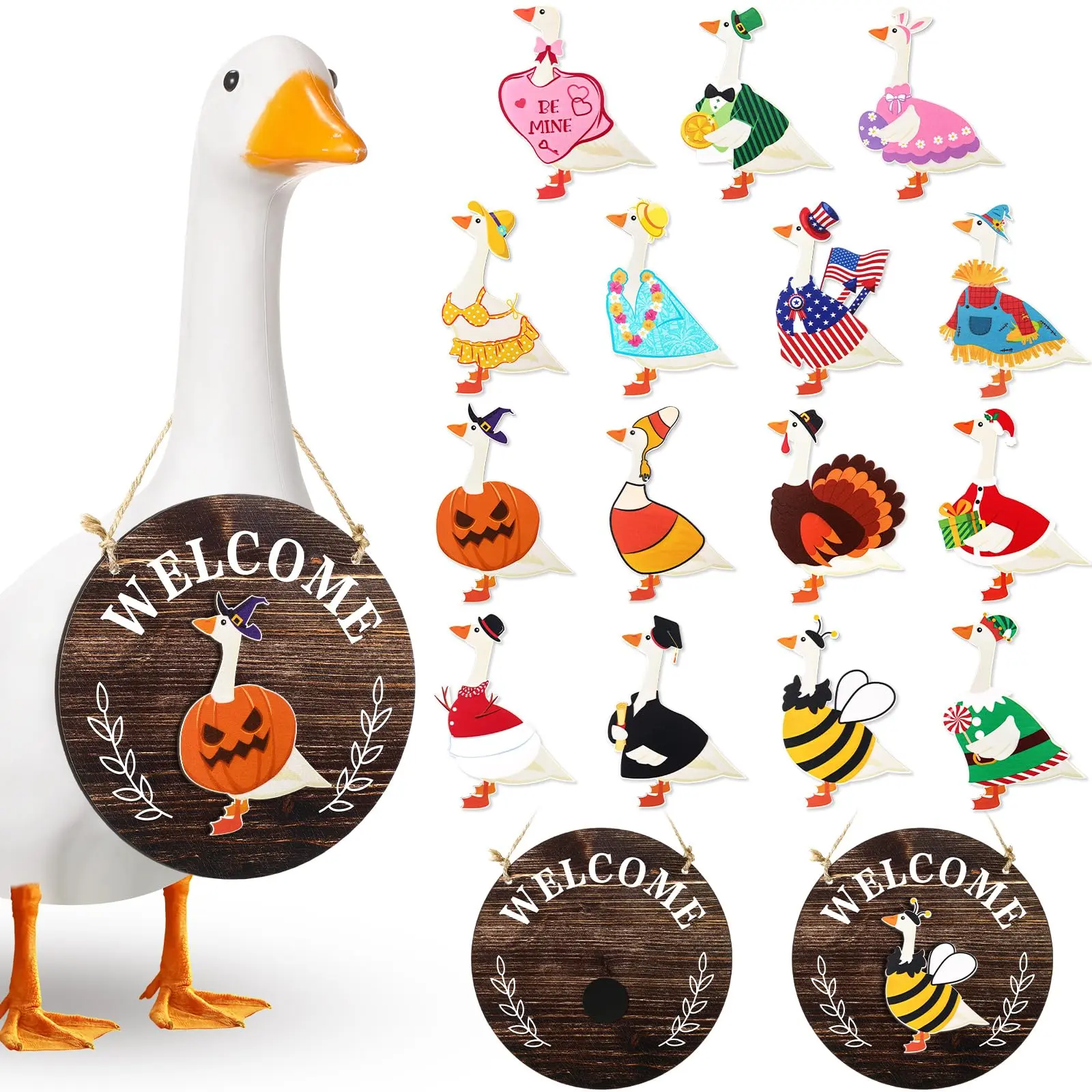 Gejoy Interchangeable Goose Sign 16pcs Goose Wooden Sign Welcome Sign with Detachable Accessories Door Hanging for Summer Halloween Holiday Seasonal, Birthday Party, Wreaths For Front Door Farmhouse Home Outdoor Porch,Housewarming Gift