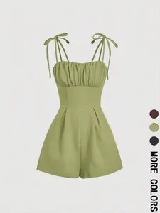 Women's Plain Tie Shoulder Romper, Casual Sleeveless Zipper Romper for Summer, Women's Clothes for Daily Wear