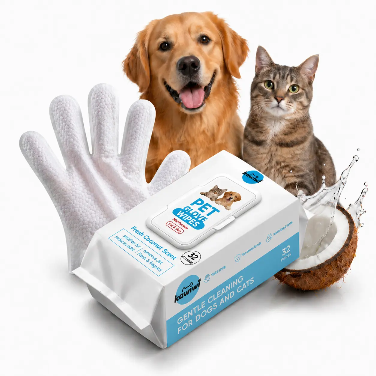Kawiwi 32-Pcs Pet Grooming Wipes, Coconut Fresh Disposable Mitts Reduce Mess & Prep, Hypoallergenic No-Rinse Grooming Products for Dogs, Fur-Nourishing, Hair Removal, Skin Care, 32 Pcs for Travel, Disposable Mitts Reduce Mess And Prep