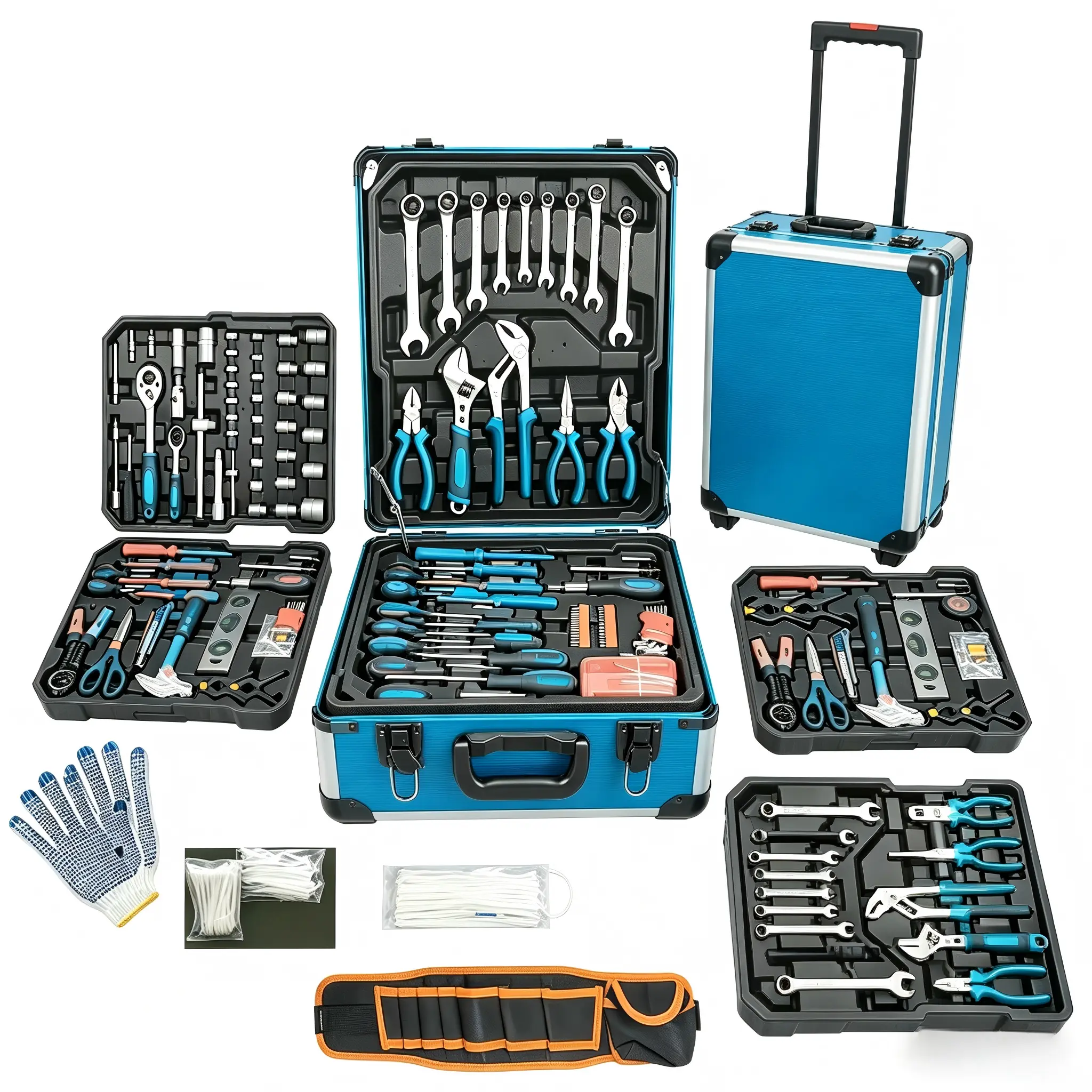Durable hand tool set with rolling wheels, aluminum trolley case; general household tool kit; auto repair tool set toolbox with wheels