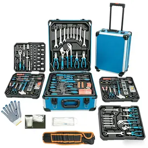 Durable hand tool set with rolling wheels, aluminum trolley case; general household tool kit; auto repair tool set toolbox with wheels