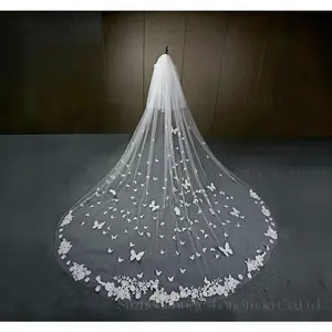 Long Lace Edge 3D Butterfly Floral Appliques Face-Covered Cathedral Bridal Veil With Comb velo de novi