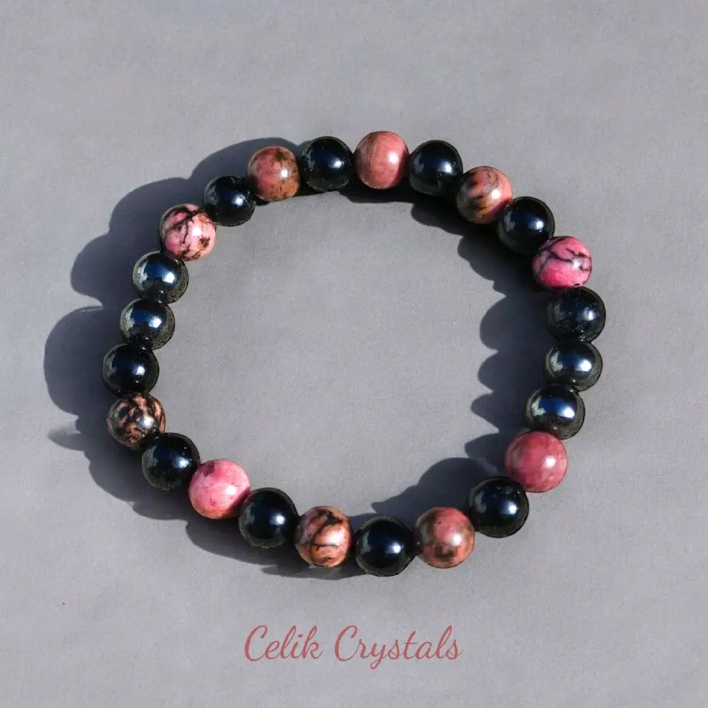 8mm Natural Black Tourmaline-Rhodonite-Hematite Protection & Grounding Bracelet, Intuitively Chosen Celik Crystals, Empathy & Forgiveness Focus, Stretch Elastic Jewelry That Helps Release Negativity