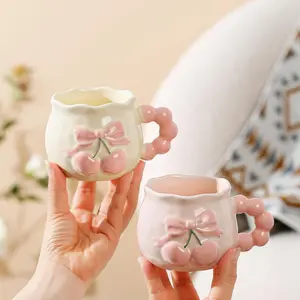 Cherry Design Ceramic Mug with Spoon, Girl Heart Office Coffee Cup, Glazed Handmade Stylish Gift for Women & Girls, Drinkware