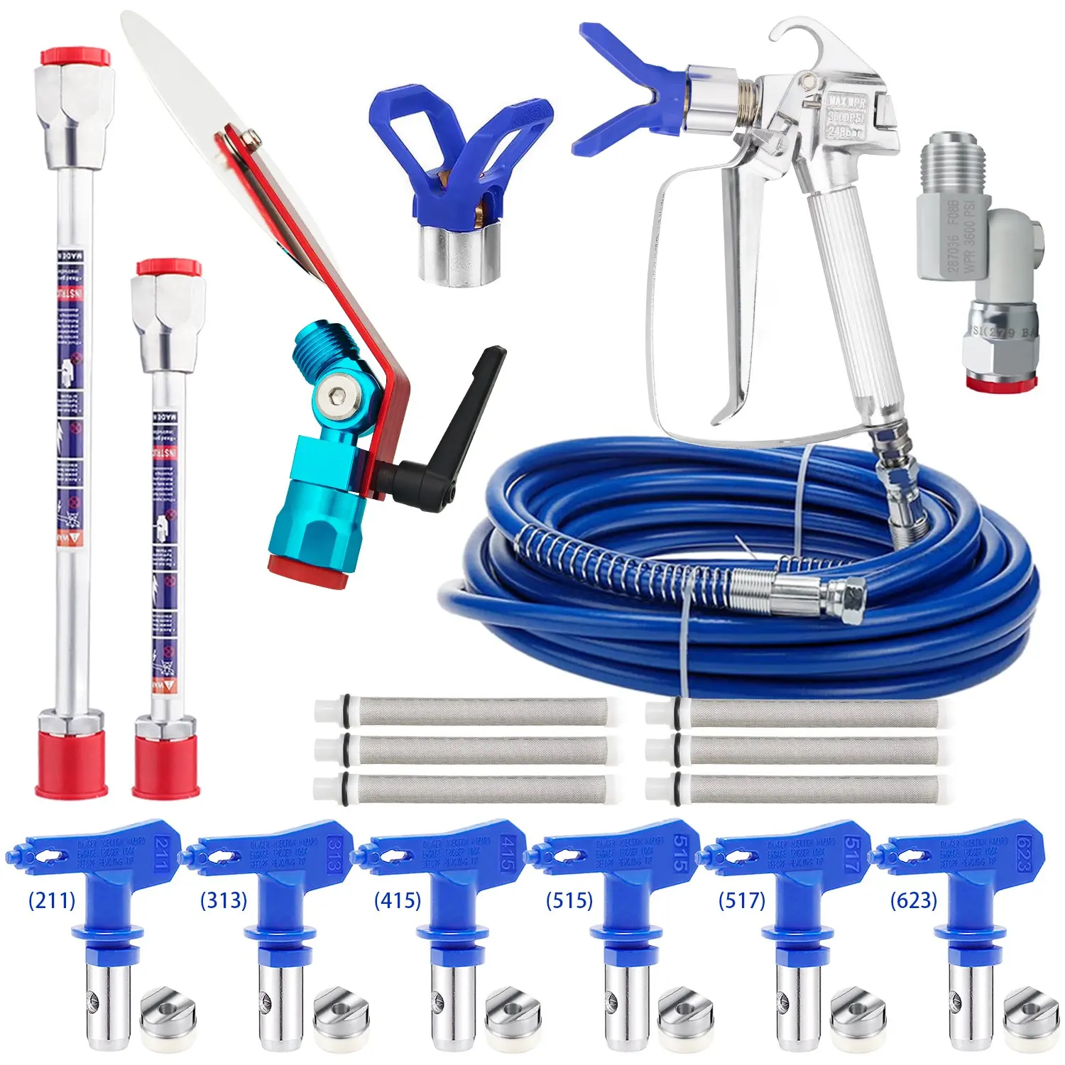 20-piece airless paint sprayer hose kit, with 1 10-meter high-pressure fiber hose, 1 airless paint sprayer gun, 2 bases, 2 extension rods, 1 universal joint, color separation dividers, 6 nozzles, 6 filters, Paint spraying tool, Paint Sprayer Accessories