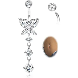 Zelores 1Pc 14G Dangle Belly Button Rings Silver Barbell Belly Rings CZ Opal Belly Body Piercing Jewelry for Women Screw Design  piercing minimalist elegant fashion Hypoallergenic