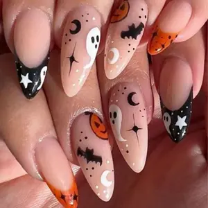Halloween Press on Nails Medium Almond Fake Nails French Tip Press Ons Bat Pumpkin Ghost Full Cover False Nails Cute Spooky Glue on Nails Reusable Halloween Artificial Acrylic Nails for Women 24Pcs