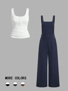 Women's Solid Button Front Tank Top & Pocket Overall Jumpsuit Set, Casual Ruched Sleeveless Top & Adjustable Strap Overall Jumpsuit, Ladies Clothes for All Seasons