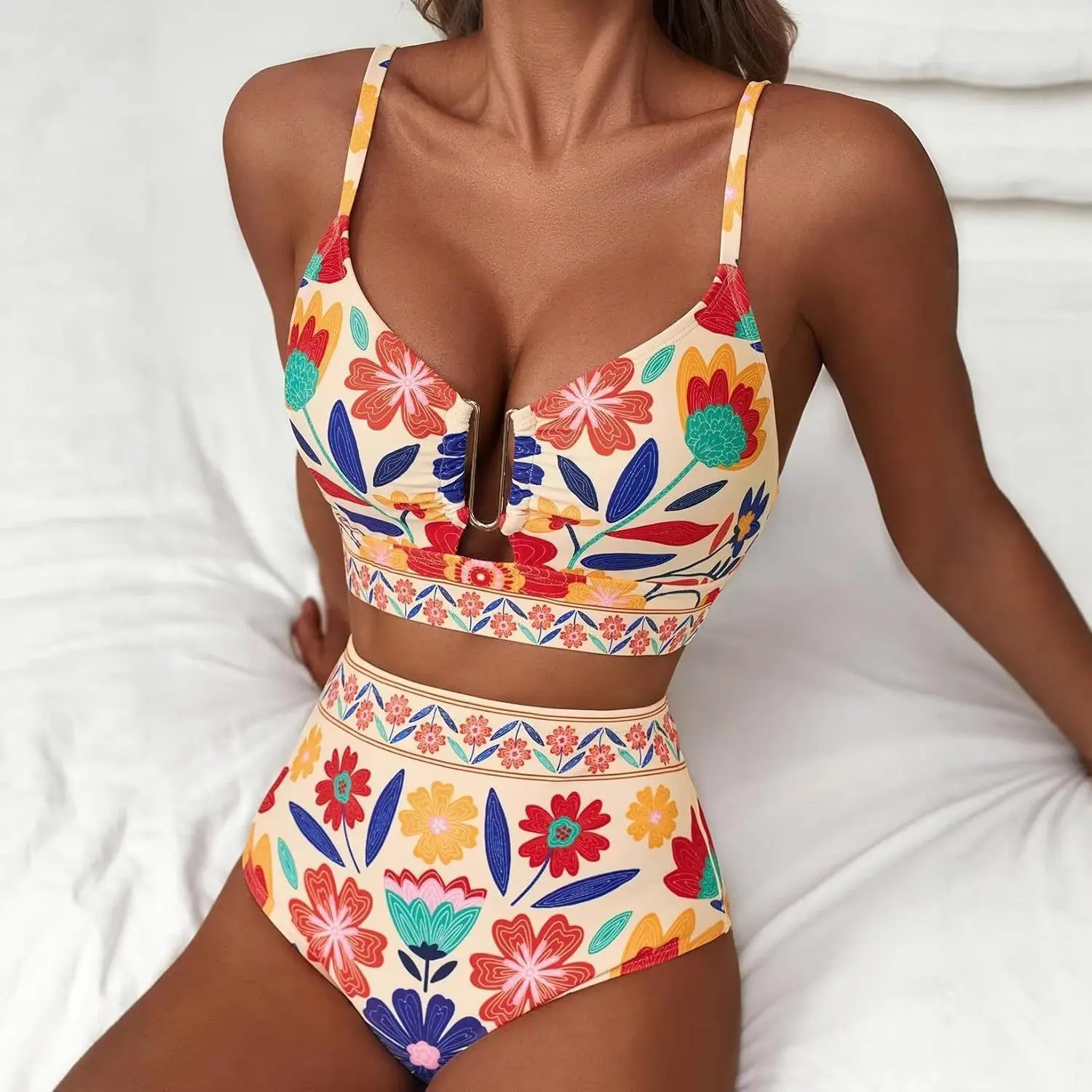 Women's 2 Piece Swimsuit, Sexy Floral V Neck Top with High Waisted Tummy Control Bottoms, Adjustable Straps and Removable Pads, Swimsuits # one-piece swimsuit woman sporty modest bathing suit sea fancy print beachwear quick dry suits set beach trendy lady