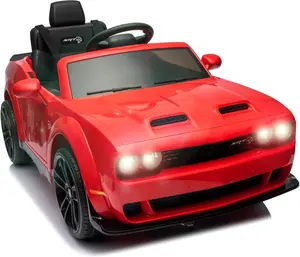 【Christmas Gift】Red Licensed Dodge Challenger 12V Kids Electric Ride On Car With Remote Led Lights Bluetooth Mp3 Adjustable Speeds And Safety Features For Toddlers Red