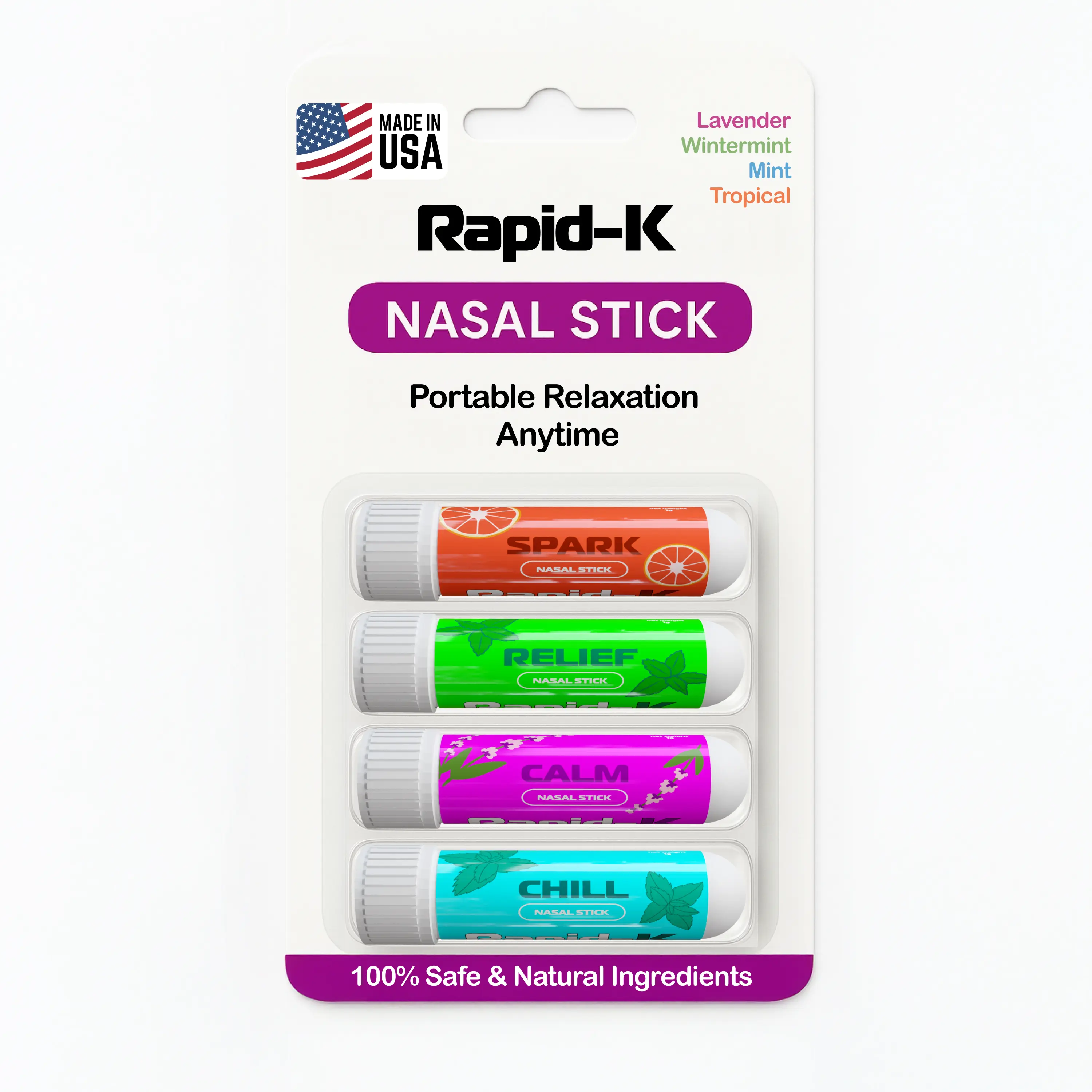 Wintergreen, Mint, Tropical Citrus, Lavender Nasal Inhaler Stick Vapor Burst - Aromatherapy for Focus, Energy & Breathing - Made in USA
