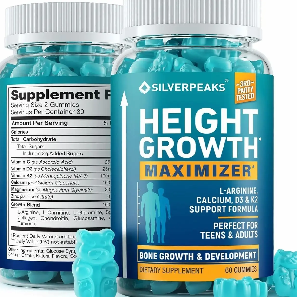 SILVERPEAKS Height Growth Gummies for Kids, Teens & Adults - Height Growth Maximizer Supplement with Calcium, Vitamins D3 & K2, Magnesium, Zinc for Bone Strength & Height Increase - 60 Gummy Chews