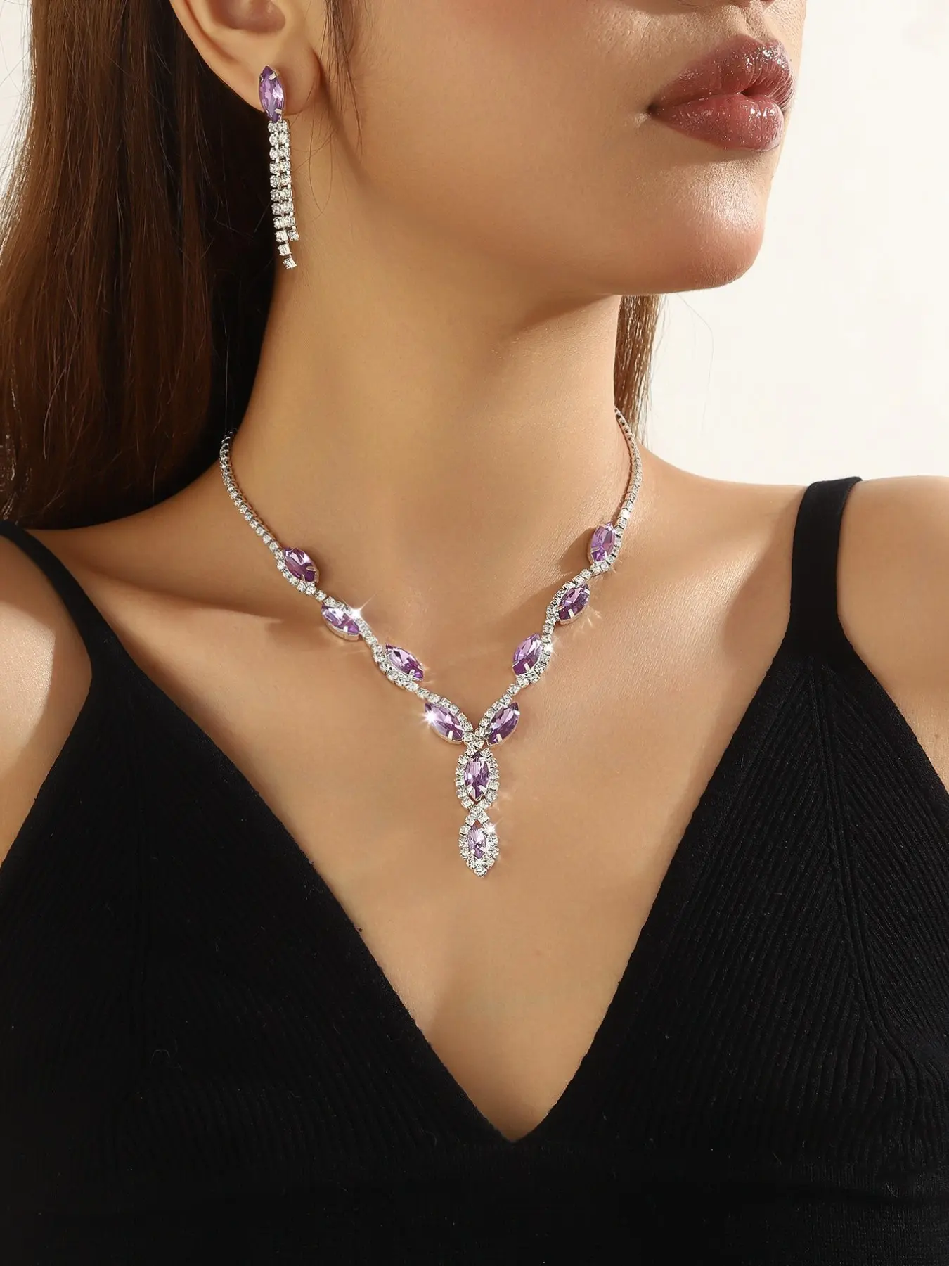 3-piece sparkling purple rhinestone earring necklace set, exquisite, elegant, versatile, fashionable full diamond tassel earrings necklace, suitable for women's parties, banquets, newlyweds to wear jewelry set Bridal jewelry set for wedding Necklaces Set