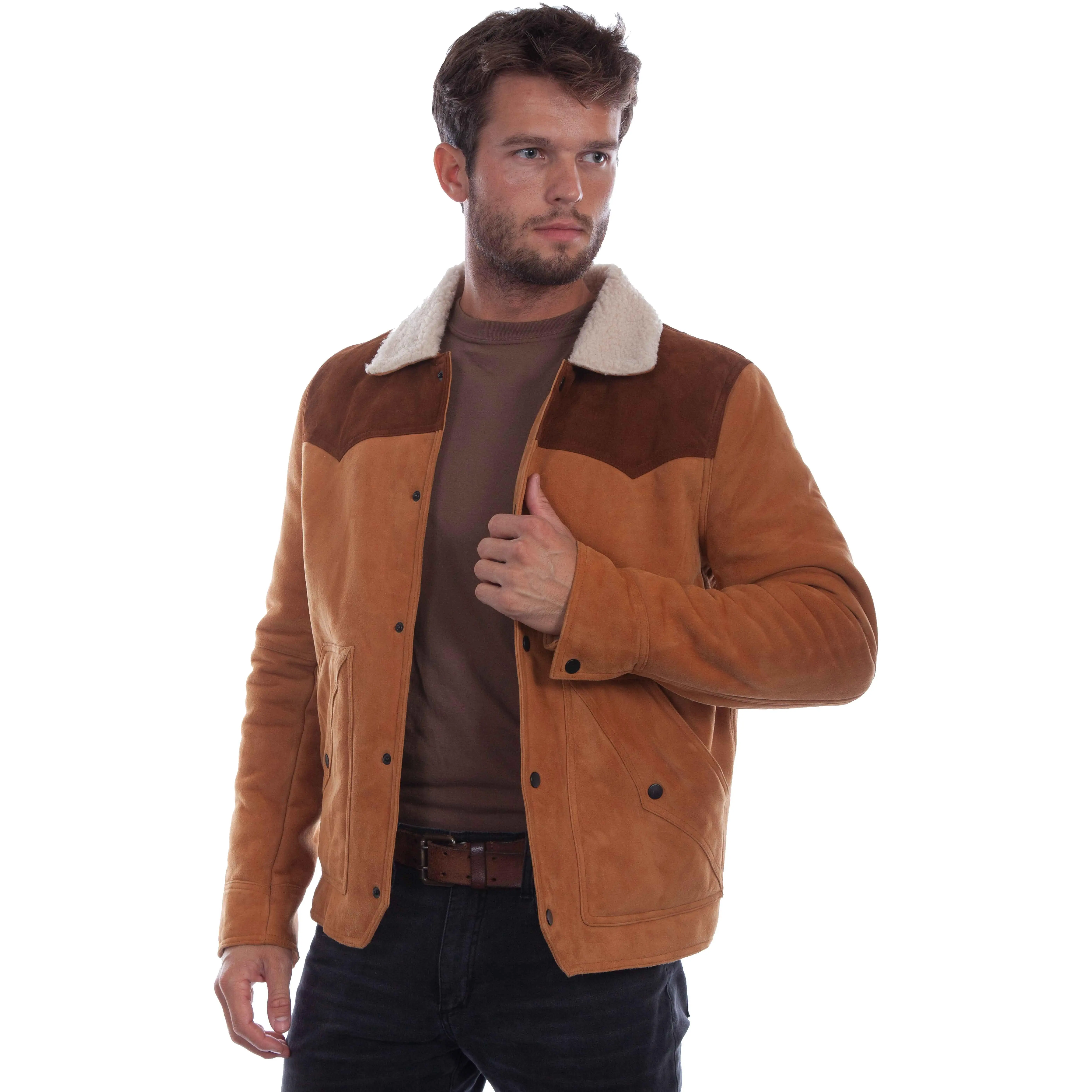 Men's Western Suede Coat with Soft Faux Shearling Lining, Snap Front Closure, Pockets, and Contrasting Single-Point Yokes, Coats, Contrast Yoke