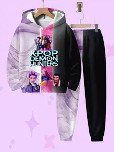 Girls' Hooded Sweatshirt Set, Fashionable Casual Spring & Fall Wear, Outdoor Essential, Durable Fabric