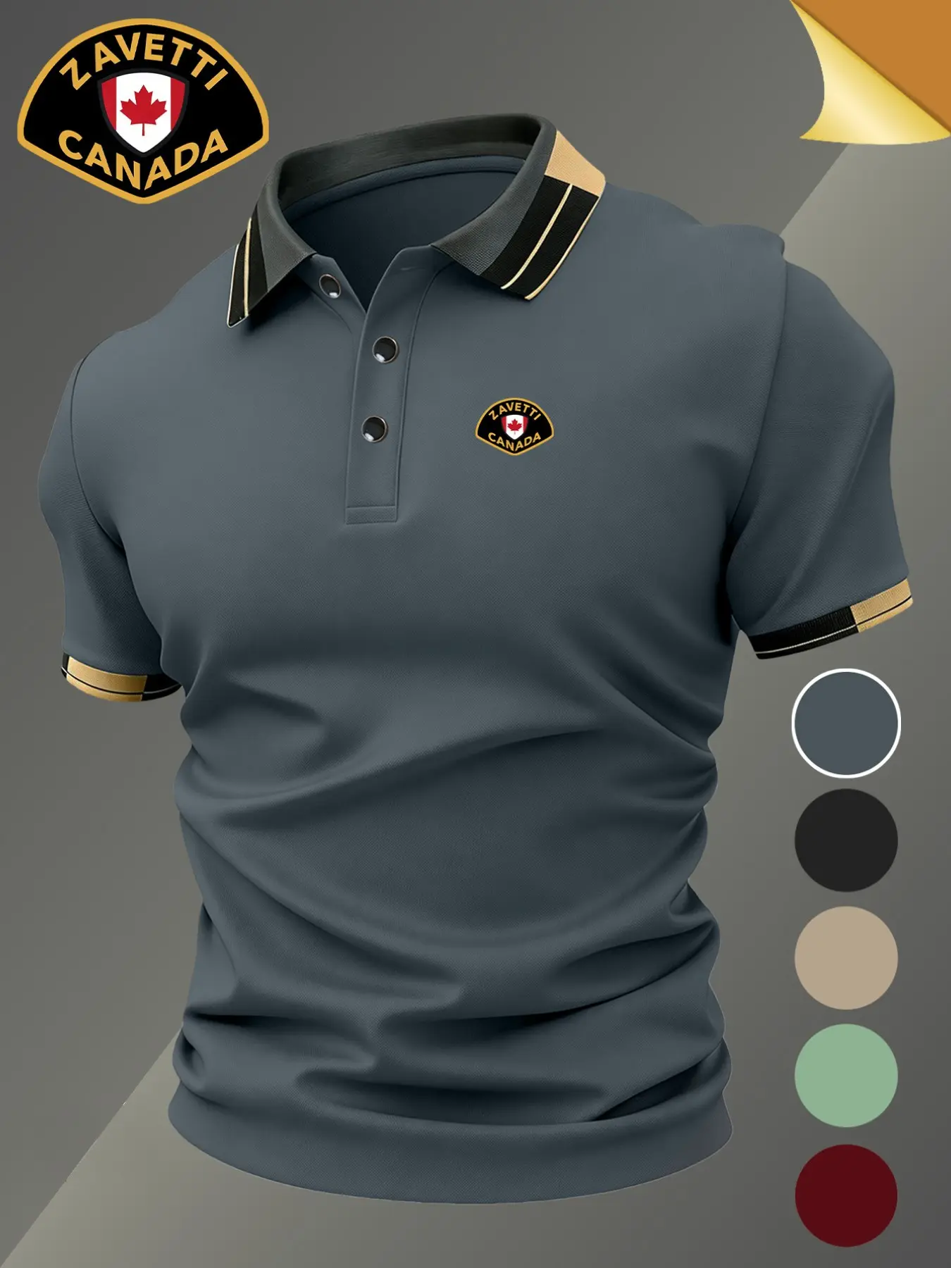 Hh4946 Zavetti Canada Logo Print Men's Polo Shirt, Elastic Casual Breathable Four-Season Comfortable Durable High-End Polo Menswear