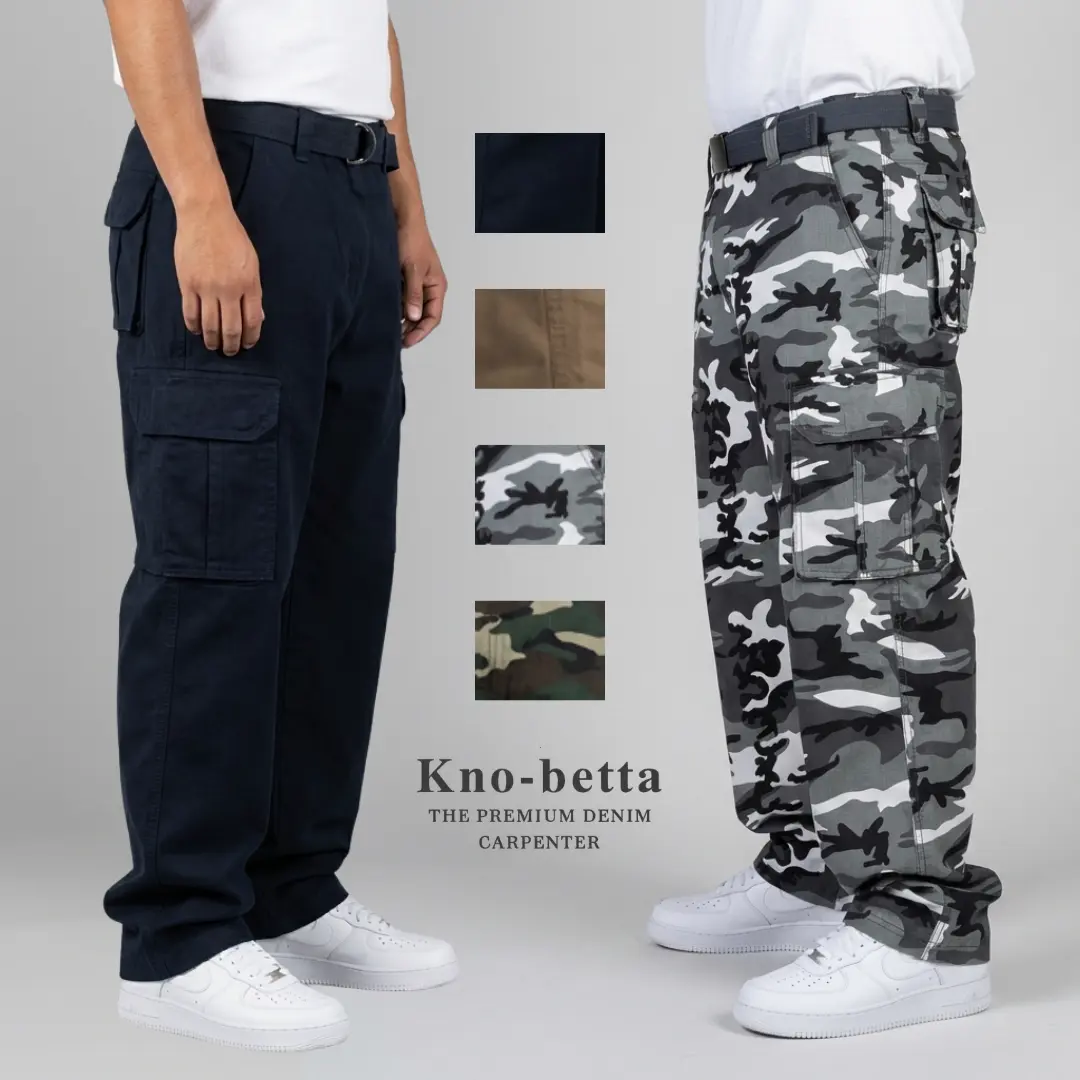 Kno-Betta Men's Rugged Cargo Pants, Casual Loose Fit Workwear & Streetwear Style with Camouflage Print and D-Ring Belt, Casual Loose Fitted, Trouser, Classic, Mid Waist, Clothes