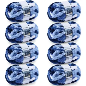 Chunky Yarn for Hand Knitting - #10 Chunky Chenille Blanket Yarn,  Big Thick Chunky Yarns for Crocheting, Tie Dye Bulky Knit Yarns, 8 Skein (25 yds 8 oz Each Skein), Multi Blue & White