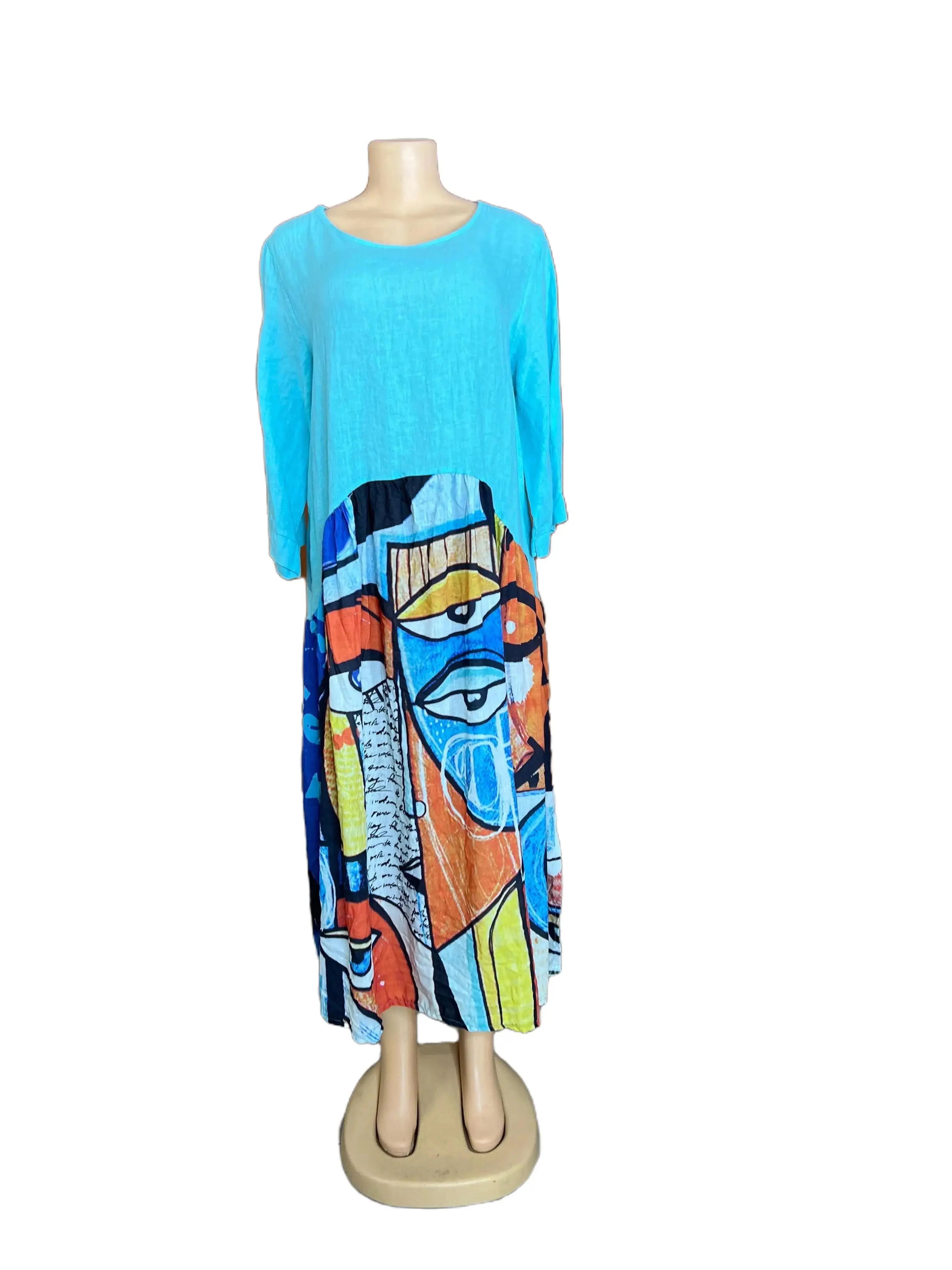 Italian blue Linen Dress Elegant Dress Eyes Rainbow Casual Womenswear Graphic Maxi Elegance