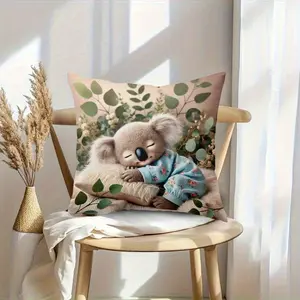 1pc Koala Nap Time Pillow Cover - Soft Polyester Short Plush,  Zipper Closure, Machine Washable Contemporary Home Decor with Sleeping Koala in Floral Pajamas & Greenery Design for Sofa, Bedroom, Office, Koala Decor, Bedroom Accent, Cozy Atmosphere, D