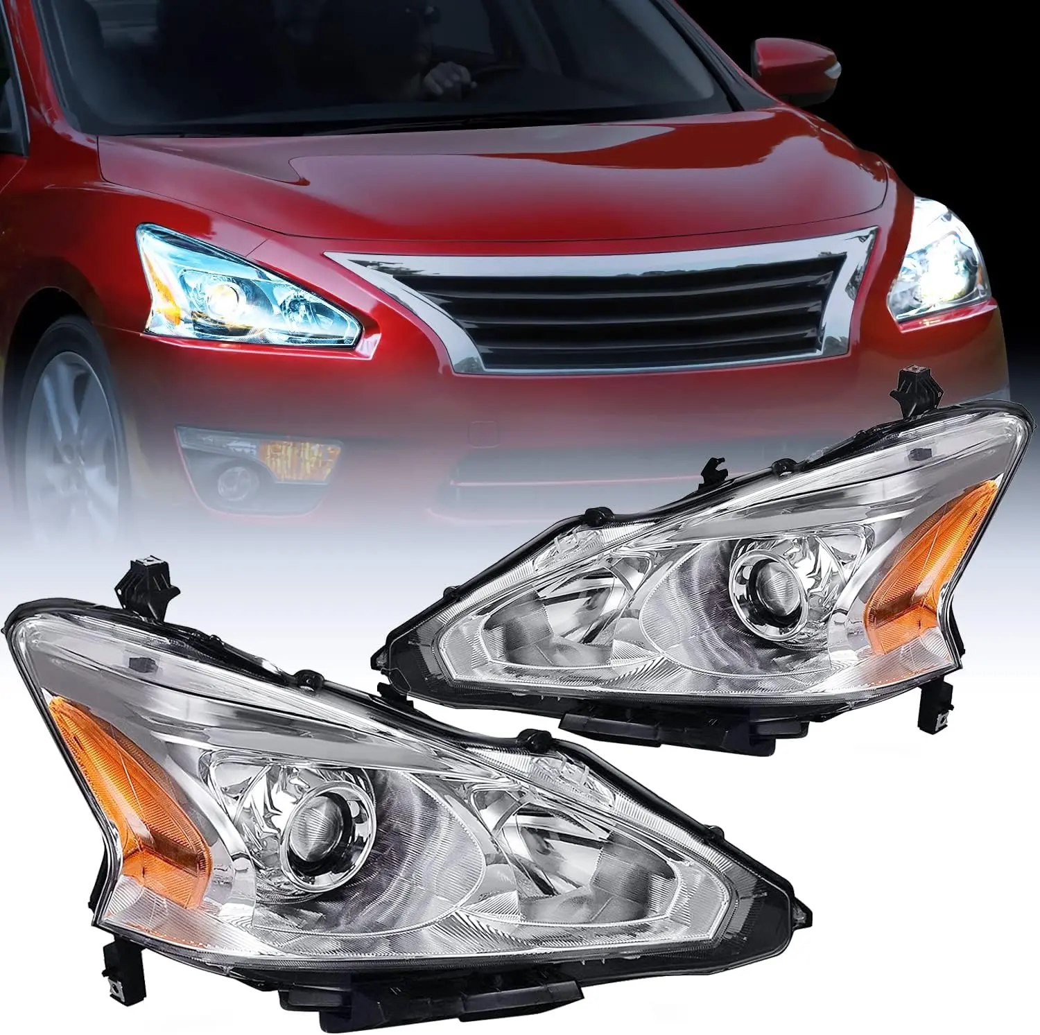 Nilight Headlight Assembly for 2013 2014 2015 Altima 4 Door Sedan Advance Base Exclusive SL S SV Sense Replacement Headlamp Clear Projector Chrome Housing Amber Reflector