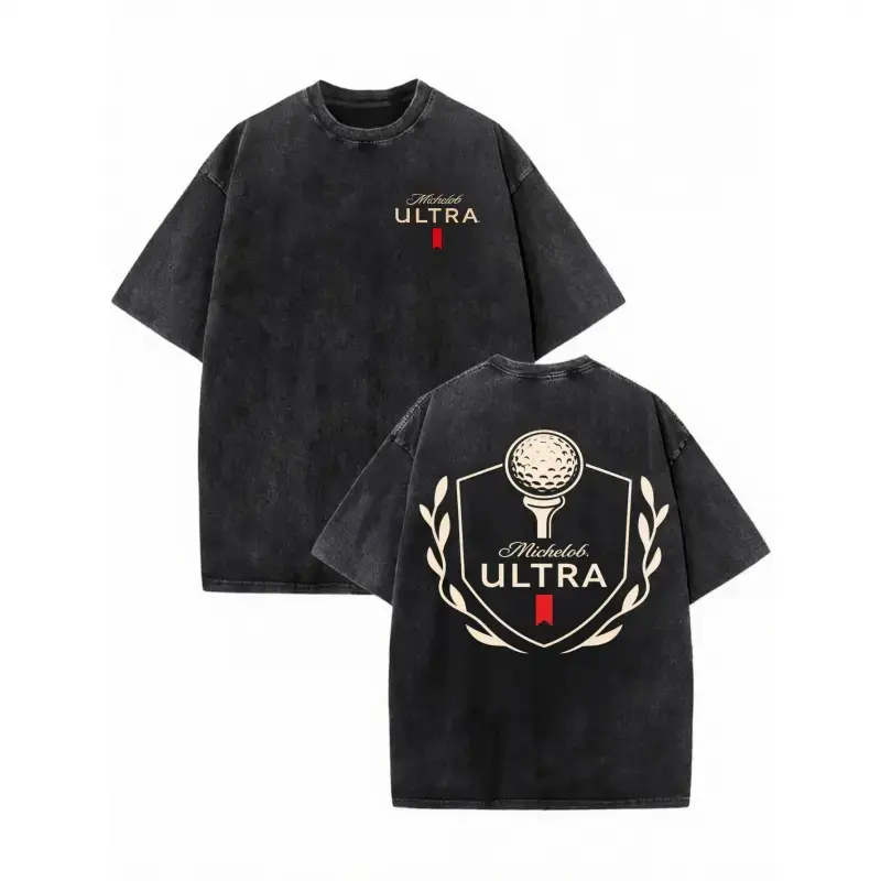 Men's 100% Cotton Michelob Ultra Golf Ball Vintage Distressed Graphic T-Shirt - Washed Short Sleeve, Loose Baggy Cargo Denim Aesthetic Fit, Retro Golfcore Sportswear Casual Summer Top, Shortsleeve, Tshirt, Menswear, Stylish, Print, Soft, Golf Graphic Men'