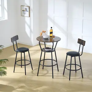 Round bar table and stool set with shelf, upholstered stool with backrest, Rustic Brown, 24.17"W x 24.17"D x 36.02"H   (High end and high-quality)