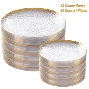 60Pcs Clear Plastic Plates,Clear Disposable Plates With Gold Rim,Heavy-duty Gold Plates,Hammered Party Plates Include 30Clear Dessert-Platos,30Dinner-Platos for Wedding, Party