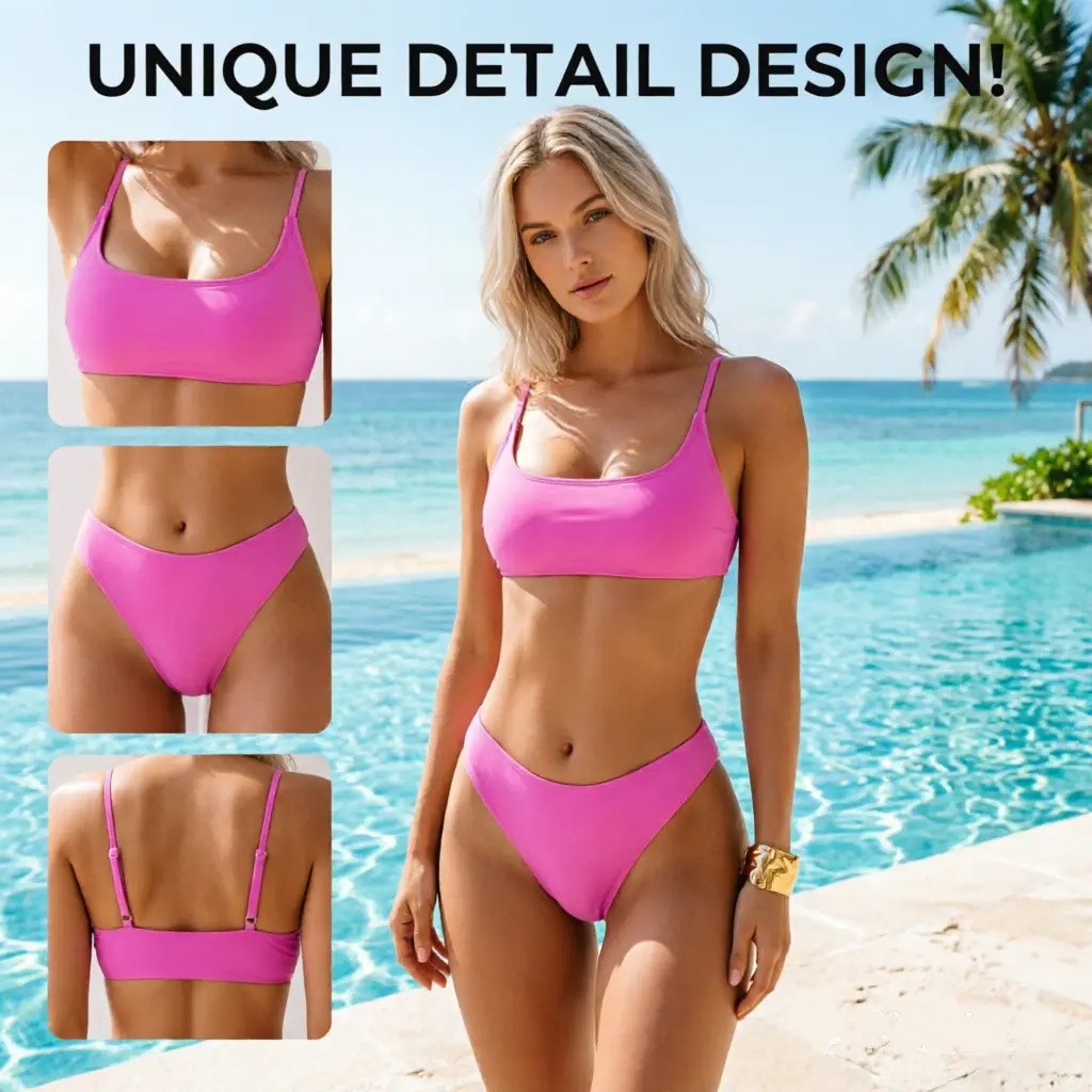Neon Pink 2-Piece Bikini Set for Women - Scoop Neck Crop Top with Adjustable Straps, High Cut Cheeky Bottom, Solid Color Swimwear for Beach, Pool & Summer Vacation