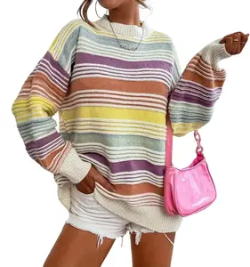CHARTOU Women Contrast Striped Pullover Sweater 2025 Fall Outfits Oversized Knit Jumper Tops