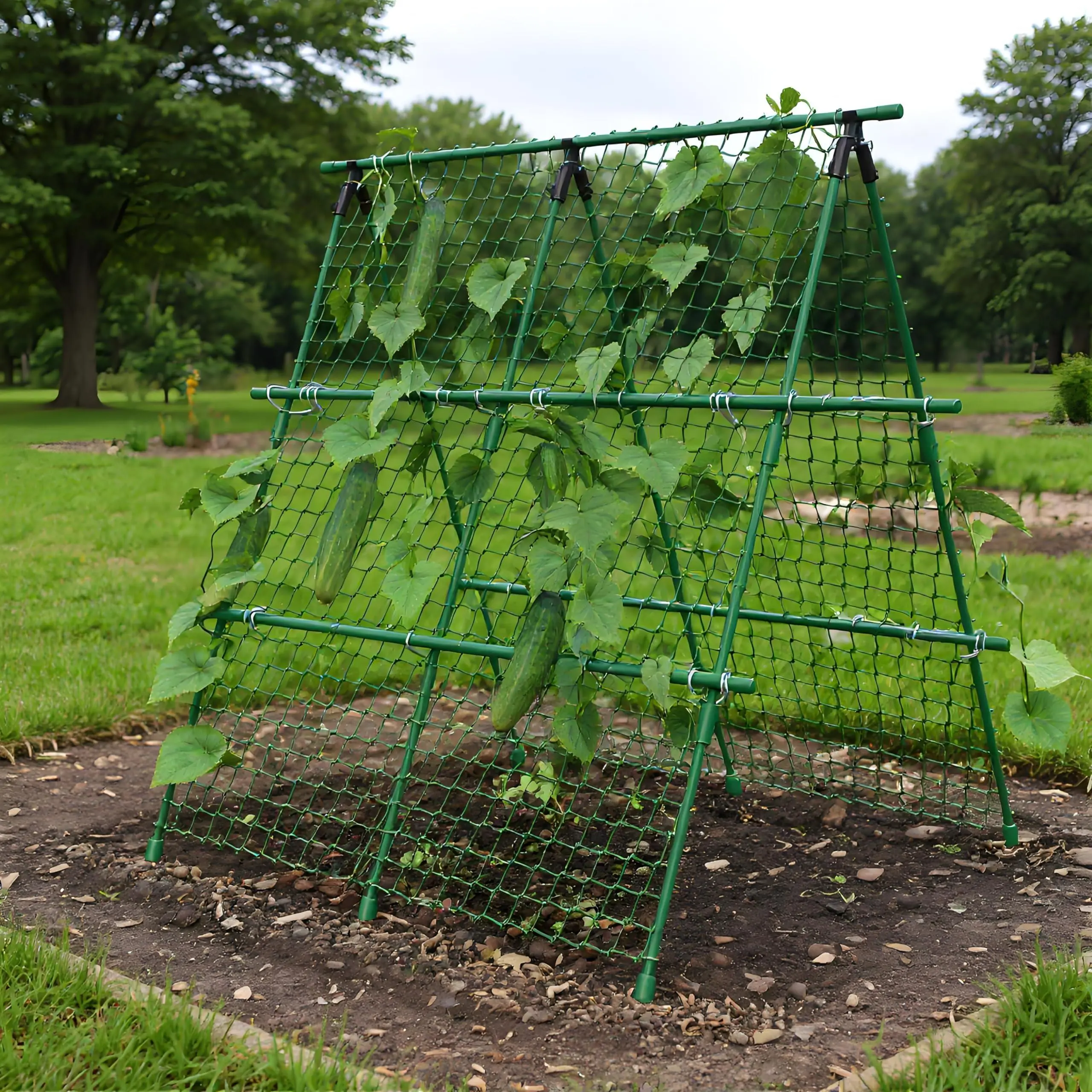 Trellis for Climbing Plants, 4x4 ft Metal A-Frame with Support Netting, Outdoor Vegetable Trellis for Tomatoes Cucumbers Peas Beans Grape Vines, Fits Raised Beds, Green