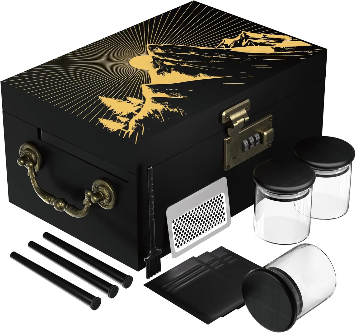 Large Bamboo Box with Combination Lock,Gold Wooden Decorative Storage Box Upfrade Tray for Great Gift Choice,Father Gifts, for Coffee Beans, Candy, Tea, etc (Golden Peak)