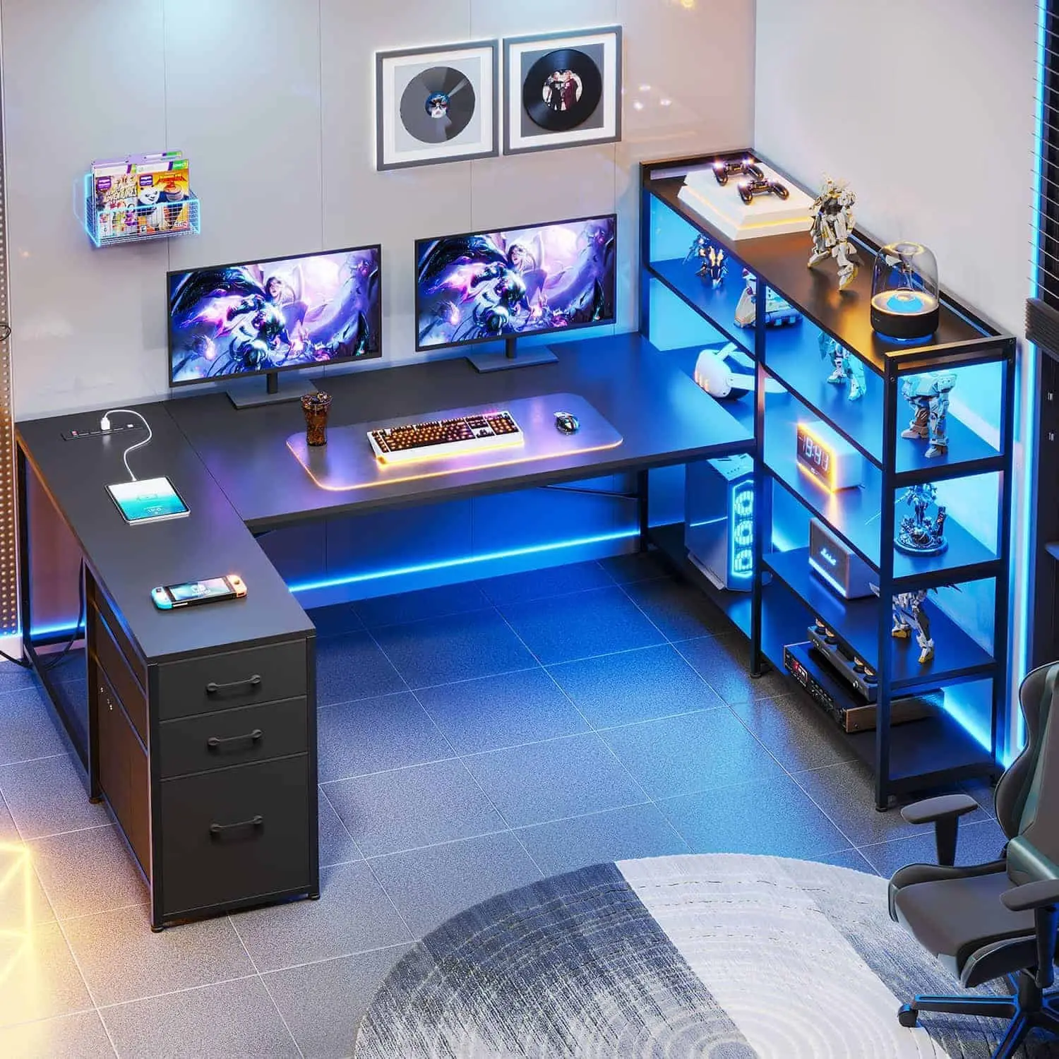 SIKAIC 64.5" U-Shaped Multi-Functional Gaming Desk - RGB LED Lights, 76 lbs Engineered Wood, Storage, USB Ports, Black Commercial Office Furniture, Gaming Desks