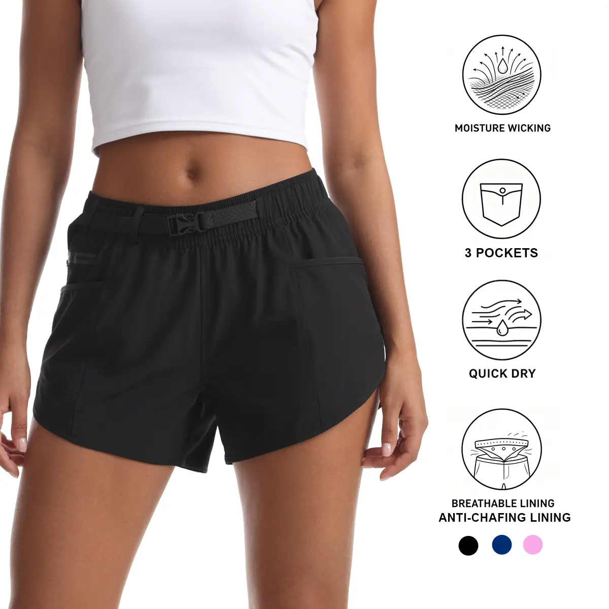 Women's Athletic Hiking Shorts  with Liner 2531 for Students to School - Quick-Dry, Lightweight, Moisture-Wicking, 3-Pocket, Adjustable Belted Fit for Outdoor Sport, Casual Travel