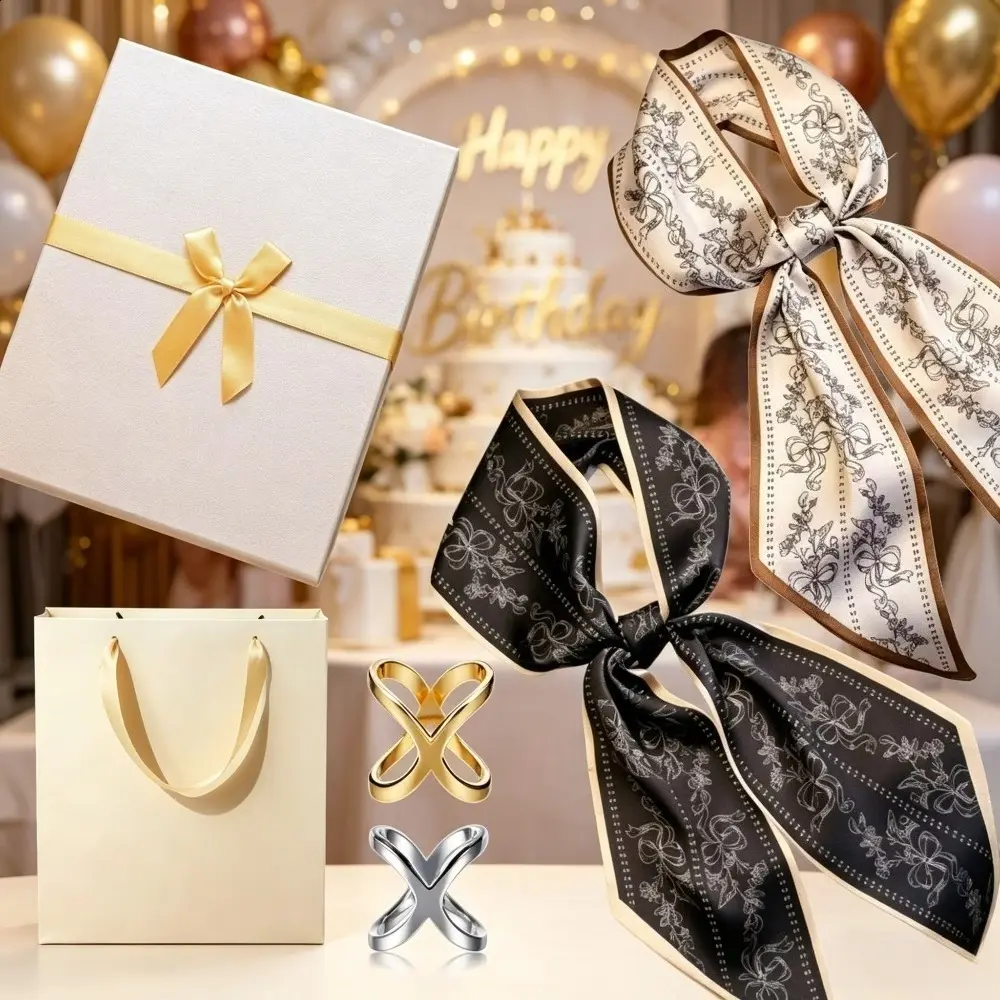 Assorted Fabric Neckerchiefs for Women, 6-Piece Set with Abstract Prints, 2 Buckles & Gift Box, Long Decorative Headscarf & Bag Tie, Buckle Wrap Neckerchiefs