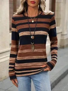 Women's Striped Print Long Sleeve Tee, Casual Round Neck T-shirt for Daily Wear, Ladies Clothes for All Seasons