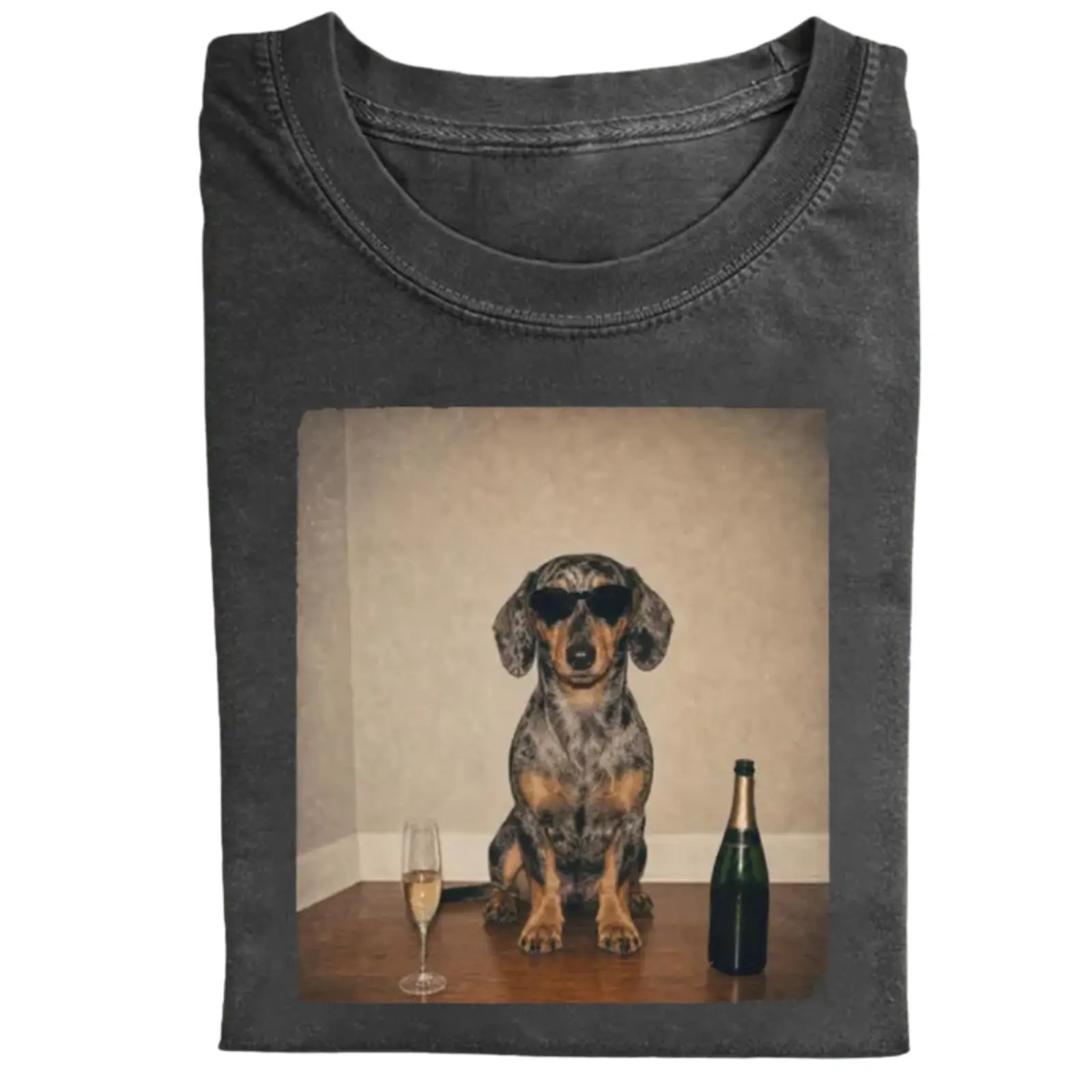 Funny Dapple Dachshund Champagne Comfort Colors T-Shirt, Cool Wiener Dog Sunglasses Graphic Tee, Retro Weekend Party Design, Unisex Fit Design, Gift for Dog Lovers