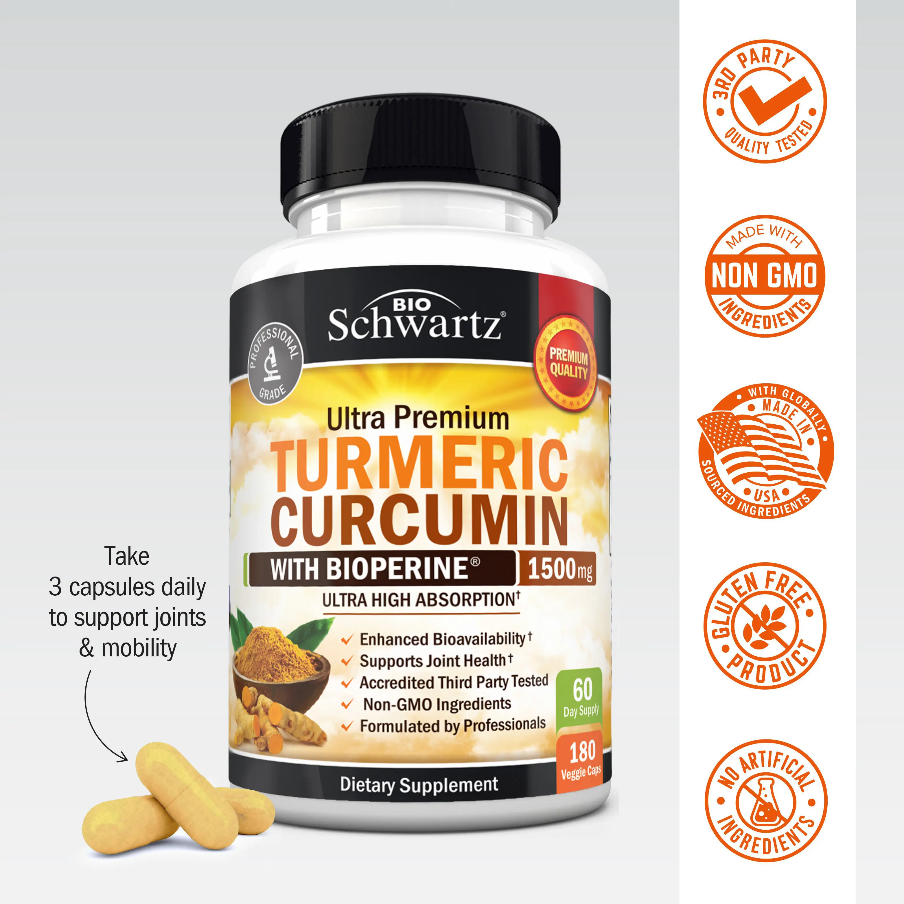 Bioschwartz Ultra Premium Turmeric Curcumin 1500mg Capsules for Joint Support, H...