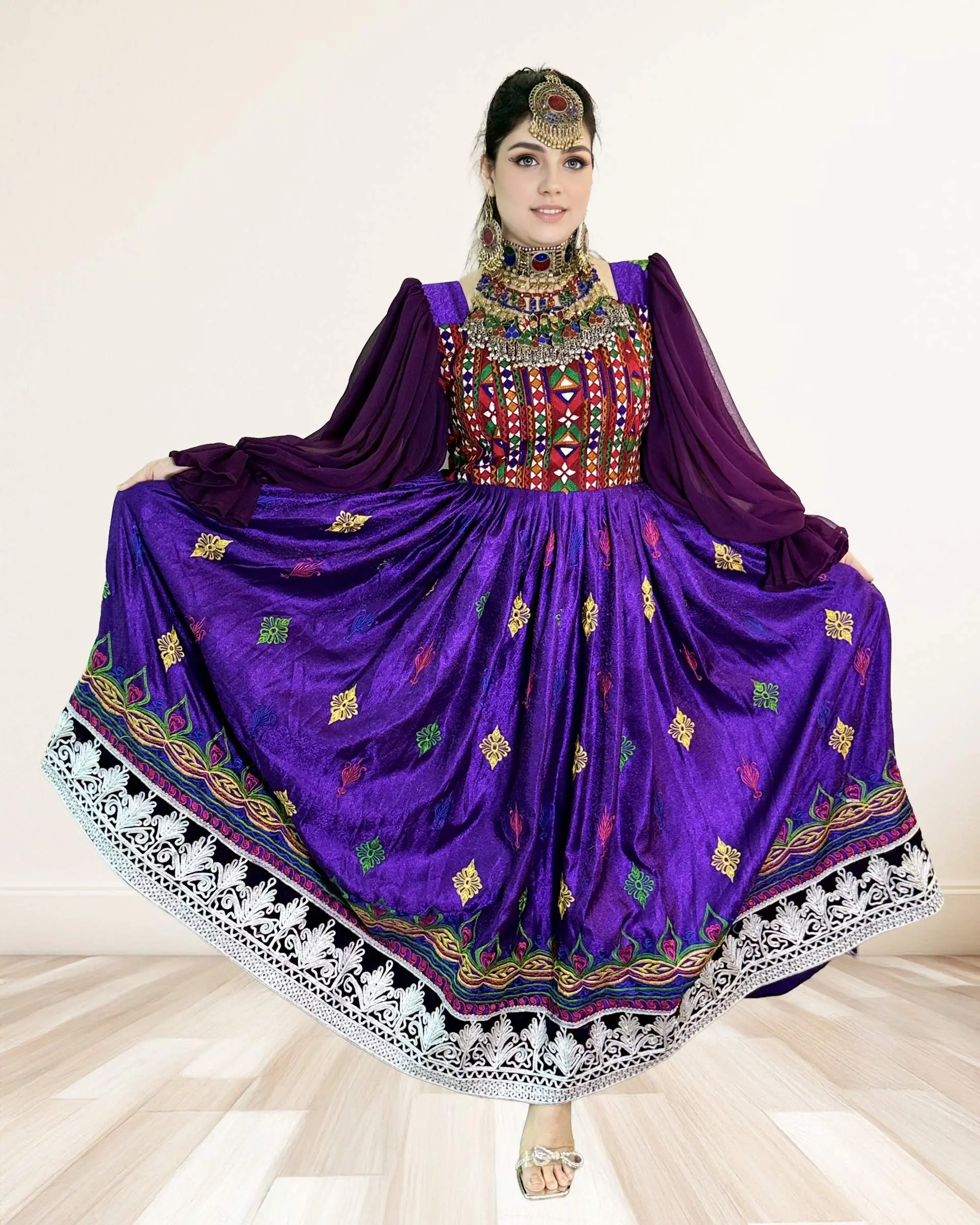 Women's Regal Purple Velvet Blend Maxi Gown - Modern-Traditional Afghan Cultural Dress with Threaded Embroidery, Sheer Chiffon, Wedding Costume, Clothes, Costumes