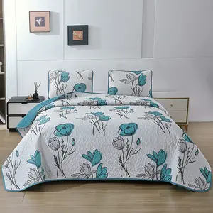 2/3pcs Turquoise Floral Quilt Set, Botanical Reversible Bedspread Coverlet with Pillow Shams, All-Season Microfiber Bedding, Machine Washable, Easy Care, Suitable for Bedroom and Guest Room