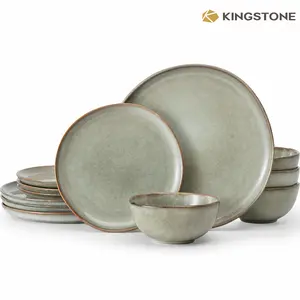 KINGSTONE 11404 Reactive Glaze Stoneware Dinnerware Set, Handcrafted Rustic Scratch-Resistant Ceramic Plates & Bowls, Dishwasher & Microwave Safe