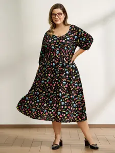 BloomChic Women's Rayon Mid-Length Casual Classy Midi Dress - Deep Neck, Lantern Sleeves, Multicolor Playful School Print, Pocket, Women's Clothes, Swimweek,Spotlight,Summer wins,Deals for you days